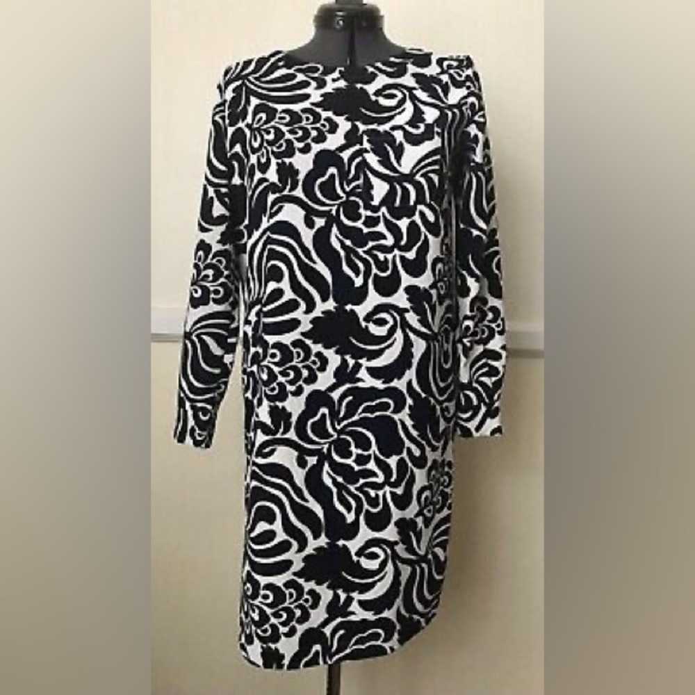 Ann Taylor LOFT Navy Black White Floral Abstract Print LongSleeve Shift dress M